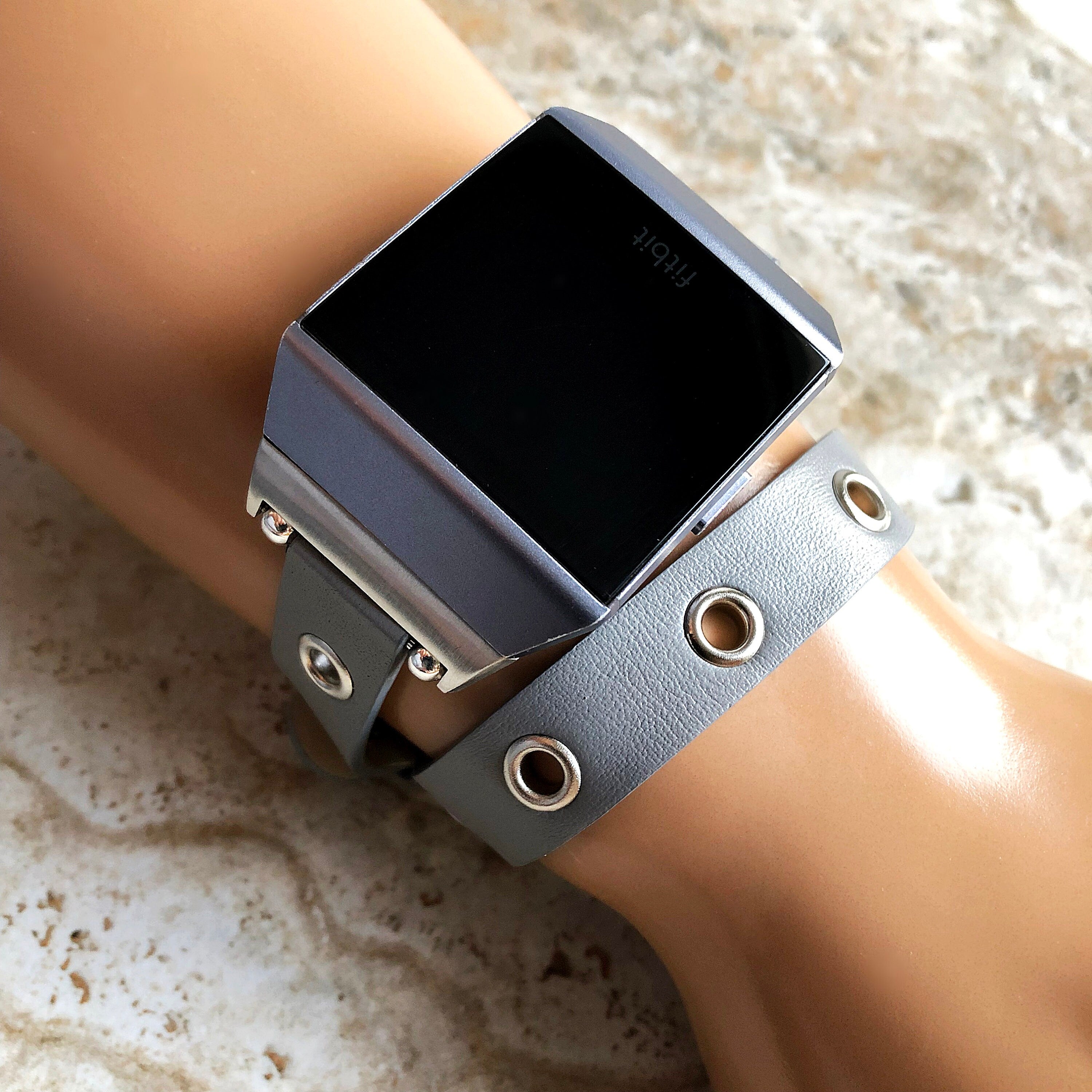 Fitbit Ionic Gray Band for Double Wrap Around Wrist Soft Eco Vegan Leather Watch Strap Twice Bracelet SB in Silver Rose Gold Black Finish